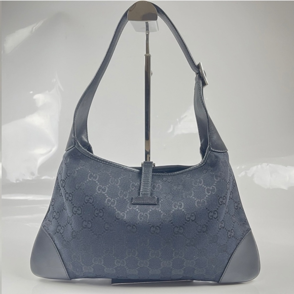 GUCCI Jackie GG Canvas Web Stripe Shoulder Bag Black Leather Vintage Authentic - Picture 7 of 13